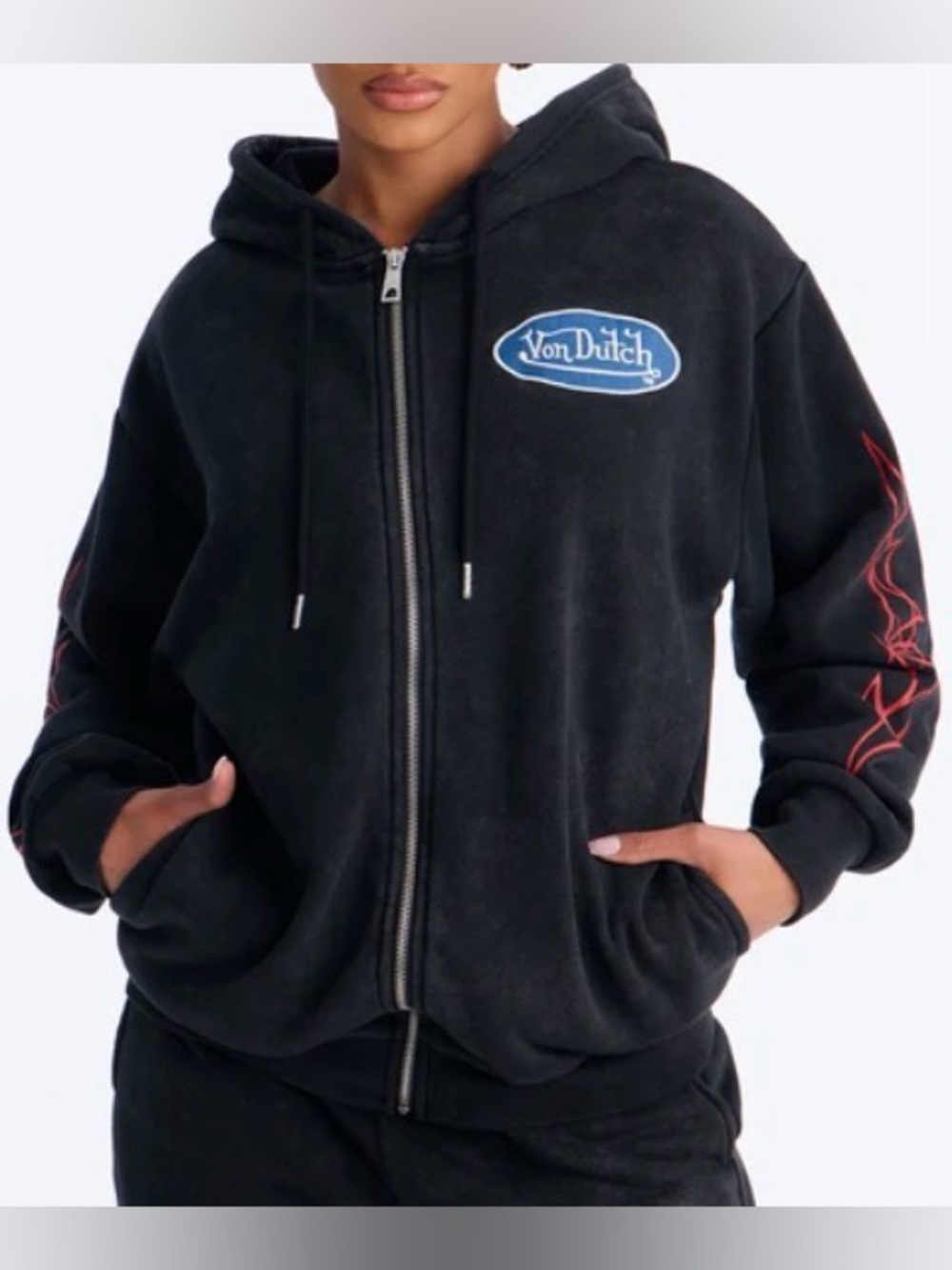 Von Dutch Black Zip-Up Hoodie with Blue Logo and Red Sleeve Flames - Size 2X